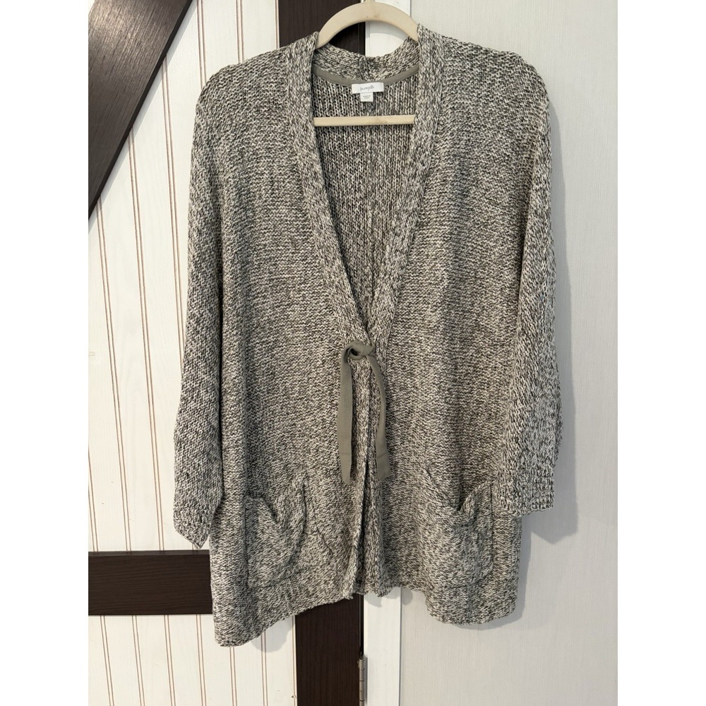 J Jill Pure Jill Marled Knit Cardigan Gray Green Tie Front Pockets Womens Large